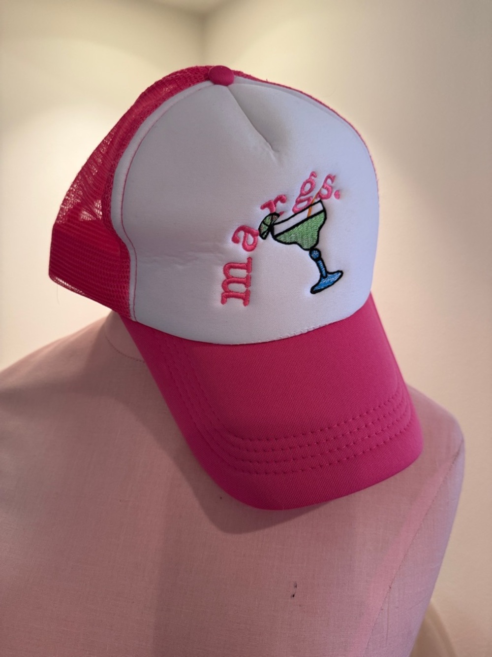 Pink & White 'Margs' Trucker Hat with Margarita Embroidery